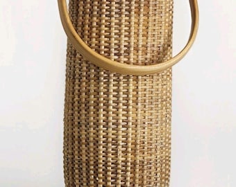 Portabotellas de vino tejido estilo Nantucket vintage - Base de madera - Asa giratoria