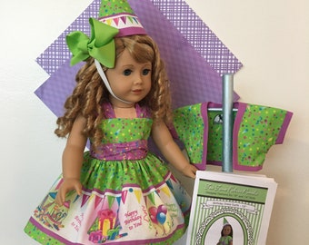 A "Happy Birthday" DRESS, SHRUG, HAT, Bow for your 18 inch doll like American Girl®;Birthday,Party,New Years,Christmas,Halloween.