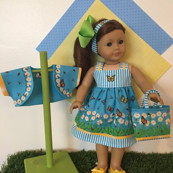RESERVED FOR CAROL... "Daisy Kit Outfit" by Tea Time Fabric Panels Finished doll outfit for your 18" doll; Daisy Dress,Shrug,Headband.