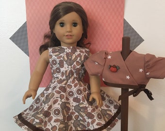 A "Gobble, Gobble" DRESS, JACKET, HAIRBOW for your 18 inch doll like American Girl®;Thanksgiving, Autumn, Pumpkins, School, Halloween, Fall.