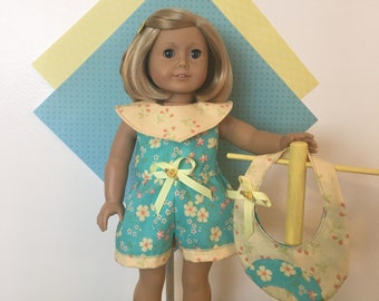 A "Let's Play" Jumpsuit, Bag for your 18 inch doll like American Girl®; Spring; Boutiques;Summer;Patriotic;Fall;Back to School.