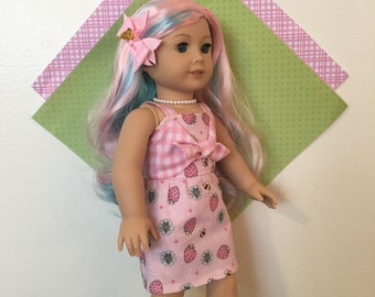 A "BEElicious Strawberry" DRESS with HAIRBOW for your 18 inch doll like American Girl®;Summer,Spring,Back to School,Christmas,Birthday.