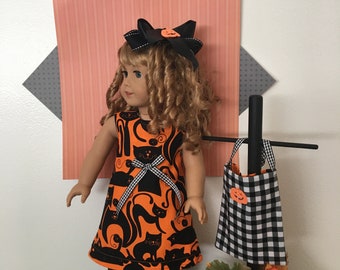 A "Sleeky Cats" DRESS, BAG, BOW Outfit for your 18 inch doll like American Girl®; Black Cat Dress, Trick or Treat Bag, Halloween, School.