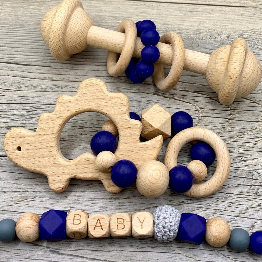 Natural Wood Dinosaur Rattle Sensory Toy - Baby Shower Gift - Blue ...