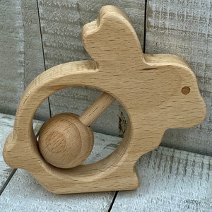 Bunny Baby Rattle  Gender Neutral Baby Shower Gift Sensory Toy Organic Wood Rattle  Rabbit Montessori Toys