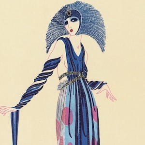La Pretentieuse/ Blue Dress - ERTE Large 1982 Art Deco Vintage Fashion Print, Double Sided