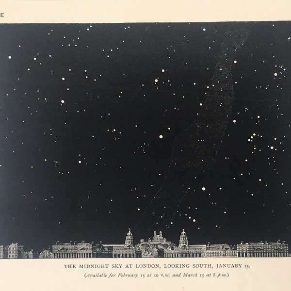 LONDON SKYLINE 1870s Antique Astronomy Print, Black Star Chart of Constellations, January Looking South, Astrology, Astrological Signs