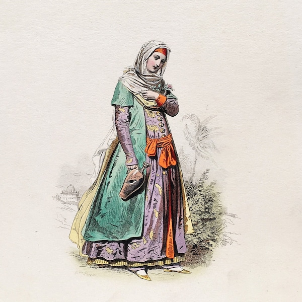 1860s Antique HISTORICAL FASHION Print, Moghul Woman from 1650, Colour Lithograph