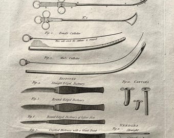 Surgical Instruments, 1786 Antique Print, Copper Plate Engraving
