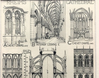 FRENCH GOTHIC ARCHITECTURE, Rheims Cathedral, 1890s Antique Print, Mounted-Matted Black & White Print