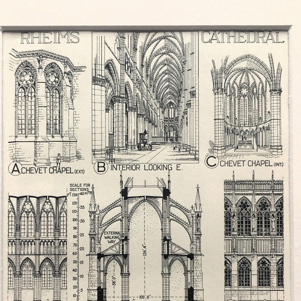 FRENCH GOTHIC ARCHITECTURE, Rheims Cathedral, 1890s Antique Print, Mounted-Matted Black & White Print