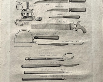 Surgical Instruments, 1786 Antique Print, Copper Plate Engraving