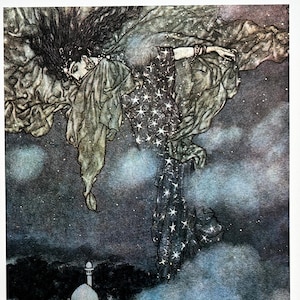 Pode incluir: Ilustração vintage de uma mulher flutuando no céu noturno, com um vestido estrelado e tecido esvoaçante. Um edifício com uma cúpula é visível abaixo, em meio a nuvens escuras. A obra de arte tem uma estética vintage com cores suaves.