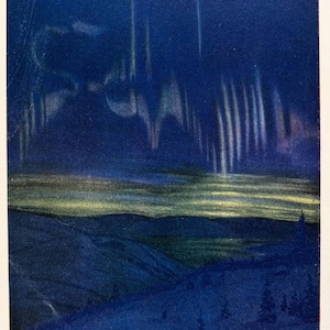 AURORA BOREALIS 1920 Antique Astronomy Print, Northern Lights,  Colour Lithograph
