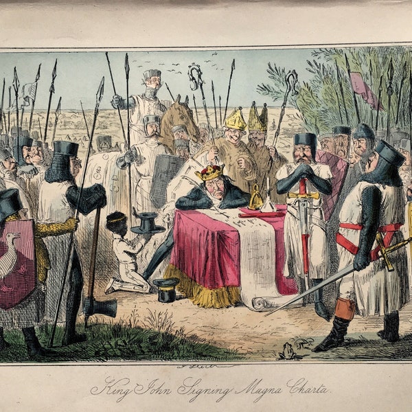 1860s History Caricature Print - KING JOHN Signs the Magna Carta - Hand Coloured Engraving by John Leech