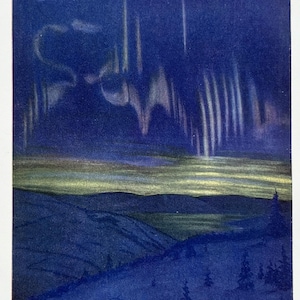 AURORA BOREALIS 1920 Antik astronomitryck, Norrsken, Färglitografi