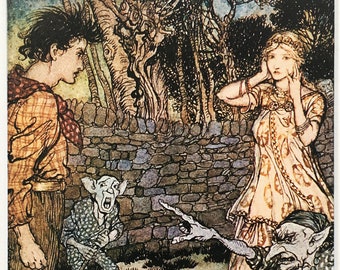 ARTHUR RACKHAM 1970s Vintage Mounted Colour Print - Goblins - Fairy Tales, Romantic, Fantasy, Fantastic