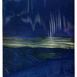 AURORA BOREALIS 1920 Mounted Antique Astronomy Print, Northern Lights,  Colour Lithograph