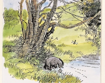 WINNIE THE POOH Large Mounted Print, Eeyore by the River. Matted Vintage Colour Print