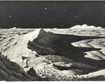 RESERVED FOR AJLA 1950s Vintage Astronomy Print, Lunar Landscape, Moon, Craters - Mounted-Matted Ready for Framing