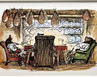 Lámina enmarcada de «El viento en los sauces» de Ernest Shepard. Impresión vintage a color con paspartú.