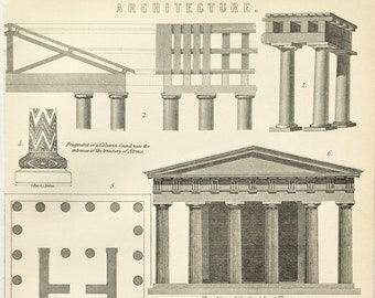 GREEK TEMPLES Original 1880s Antique Architecture Print, Black & White Engraving, Home Decor, Wall Hanging