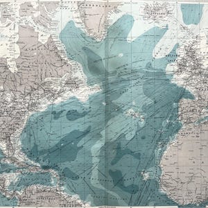 Nordatlantik, Kommunikation, Handelswege, Dampfer, sehr große antike Karte von 1922, Vintage Karte in Farbe (81)