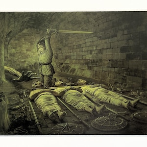 May include: A detailed illustration shows a medieval setting within a stone chamber. A person in historical attire raises a sword above three figures lying down. The scene is illuminated with a green tint, with weapons and shields scattered around.
