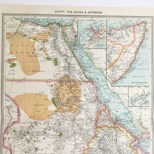 Antique Map of Egypt, Sudan, Abyssinia, Red Sea, Harmsworth c. 1907. Lovely Pastel Colours