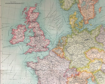 1922 WESTERN EUROPE  Map, France, Spain, Germany, Great Britain Communications, Railways, Steamers, Very Large Vintage Colour Map (12)