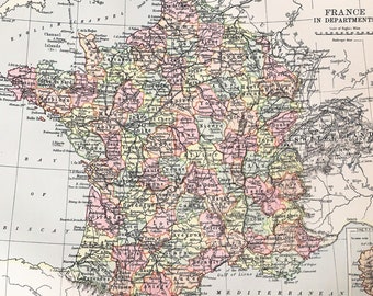 FRANCE in DEPARTMENTS 1870s Antique Colour Map. Encyclopedia Britannica, 8 x 11 inches, Home Decor, Wall Hanging
