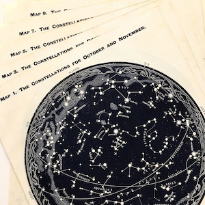 SET VAN 6 vintage sterrenkaarten op het zuidelijk halfrond, jaren 1940 astronomie-afdrukken van sterrenbeelden ***Dubbelzijdig***