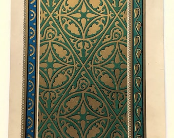 May include: A detailed illustration of Byzantine art featuring a repeating pattern of gold and teal-green geometric shapes. The design includes floral and leaf-like motifs. The artwork has a border with blue and gold accents, and the text "ARTE BIZANTINO" is visible.