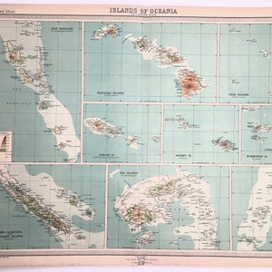 ISLANDS OF OCEANIA, Hawaii, Fiji, Tonga, Samoa, Pacific Islands, Very Large 1922 Antique Map, Vintage Colour Map (112)