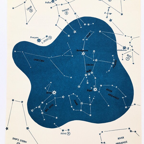 ORION, CANIS MAJOR, Lepus, Unicorn Constellations, Star Charts, 1950s Vintage Astronomy Prints (9)