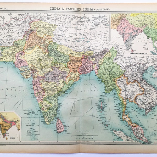 INDIAN EMPIRE, South East Asia, India, Burma, Laos, Siam, Political Map, 1922 Very Large Vintage Colour Map (55)