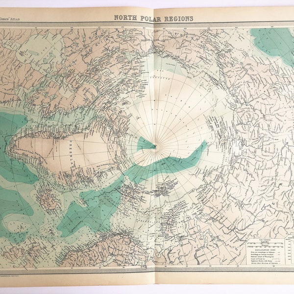 1922 NORTH POLE Map, North Polar Regions, Arctic Circle, Very Large Vintage Colour Map (8)