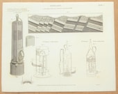 Antique Geology Print, Mining, Miner 39 s Safety Lamps, 1818 Black and White Steel Engraving, Wall Hanging, Home Decor, Rees