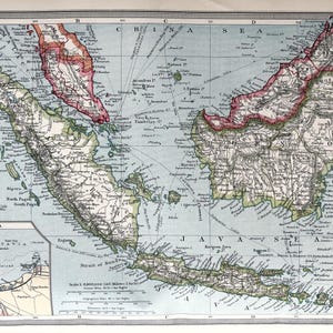 BORNEO, SUMATRA Y JAVA, Indonesia, Mapa antiguo, Harmsworth c. 1907.
