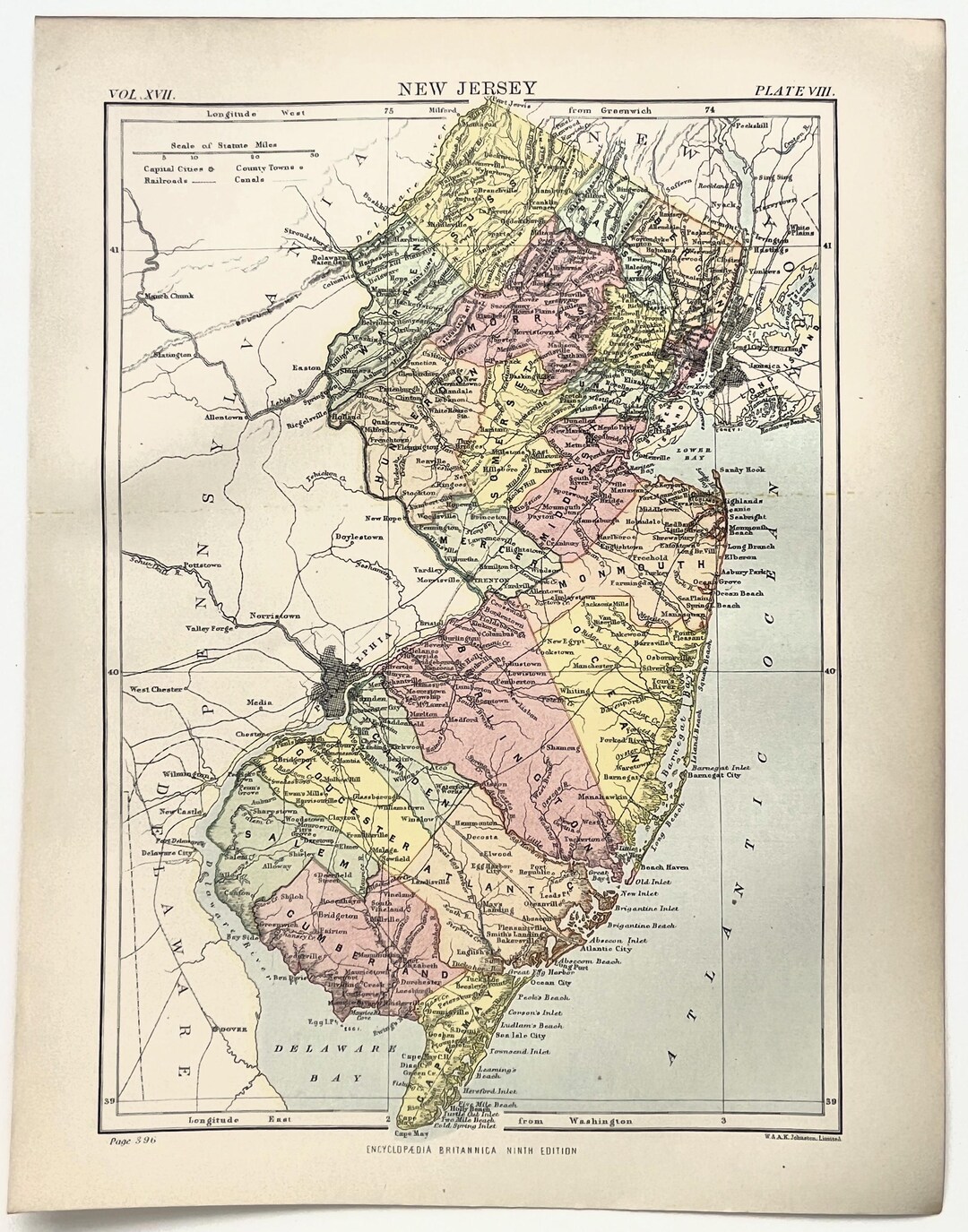Antique State Map of New Jersey, USA. Encyclopedia Britannica, 1870s, 8 ...