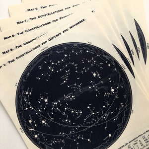CONJUNTO DE 6 CARTAS ESTELARES ANTIGUAS, impresiones astronómicas de constelaciones de la década de 1940 ***Doble cara***