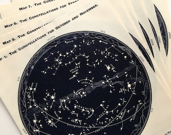 SET of 6 Vintage STAR CHARTS, 1940s Astronomy Prints of Constellations ***Double Sided***
