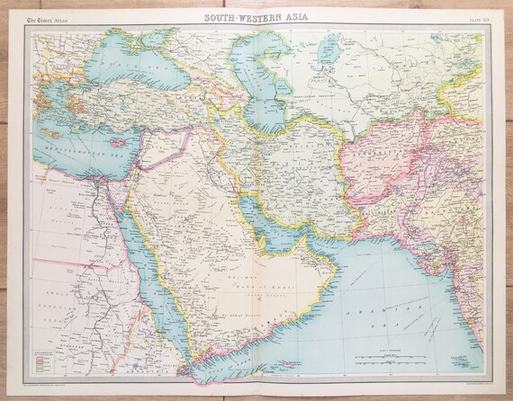 Huge 1922 Antique Map South West Asia Middle East Vintage Etsy