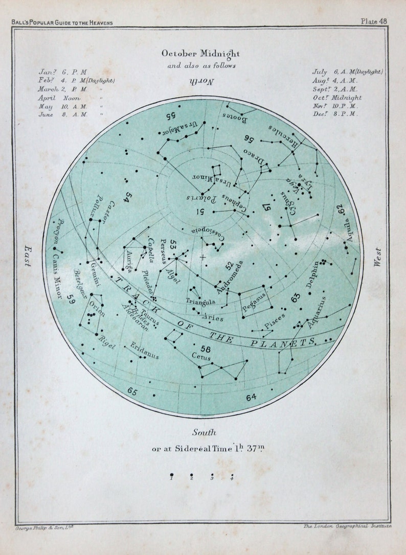 Antique Astronomy Print Celestial Star Chart for October - Etsy