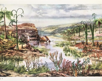 MIDDLE DEVONIAN LANDSCAPE, Vintage Prehistoric Animal Print, 1960s Large Colour Print by Burian