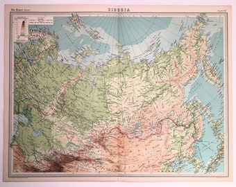 ASIA, Russia, Siberia, Mongolia, Very Large 1922 Antique Map, Vintage Colour Map (67)