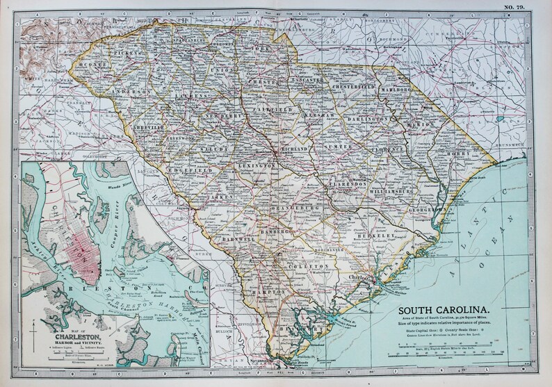 Antique Map : South Carolina Charleston USA US State Map. | Etsy