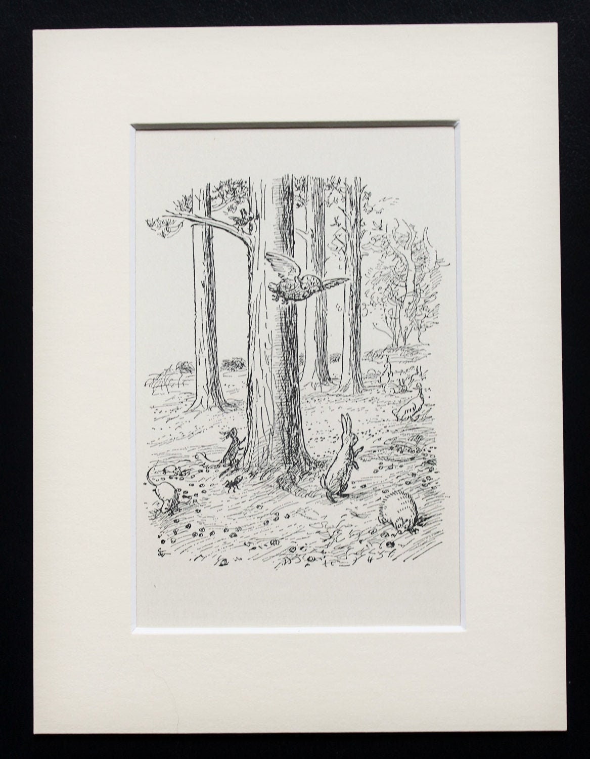 ORIGINAL 1930s Mounted Winnie The Pooh Print, Owl and Rabbit in the Hundred Acre Wood. Matted Vintag