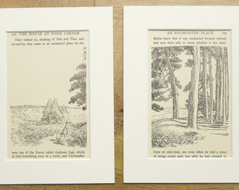 TWO Mounted Winnie The Pooh Prints, Christopher Robin in the Trees. PAIR of Matted Vintage 1930s Black and White Print