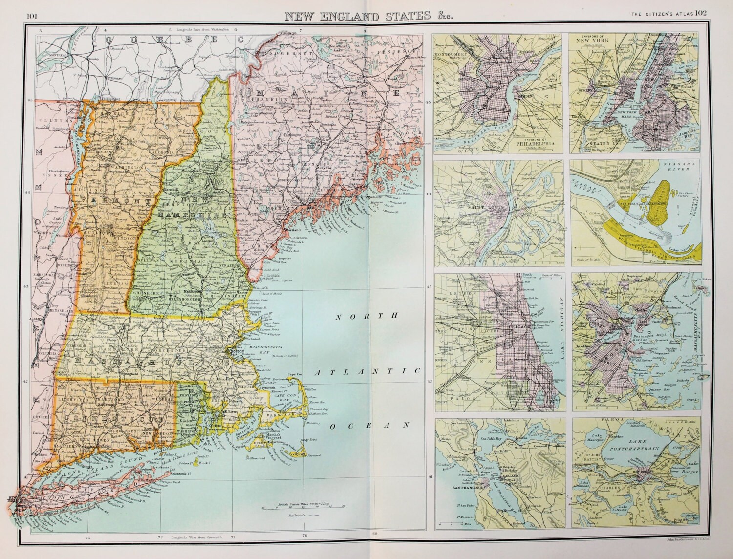 Nueva Inglaterra Estados Unidos Gran mapa antiguo plegable | Etsy
